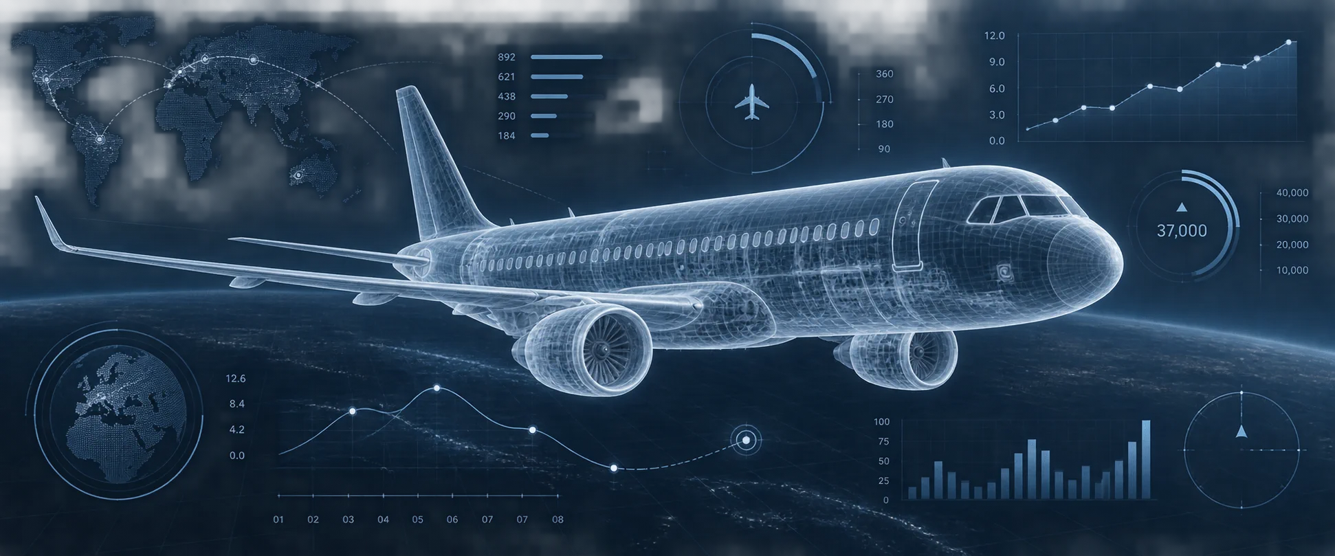 Röntgenartige Visualisierung eines Flugzeugs mit Routen, Diagrammen und abstrakten Reisedaten